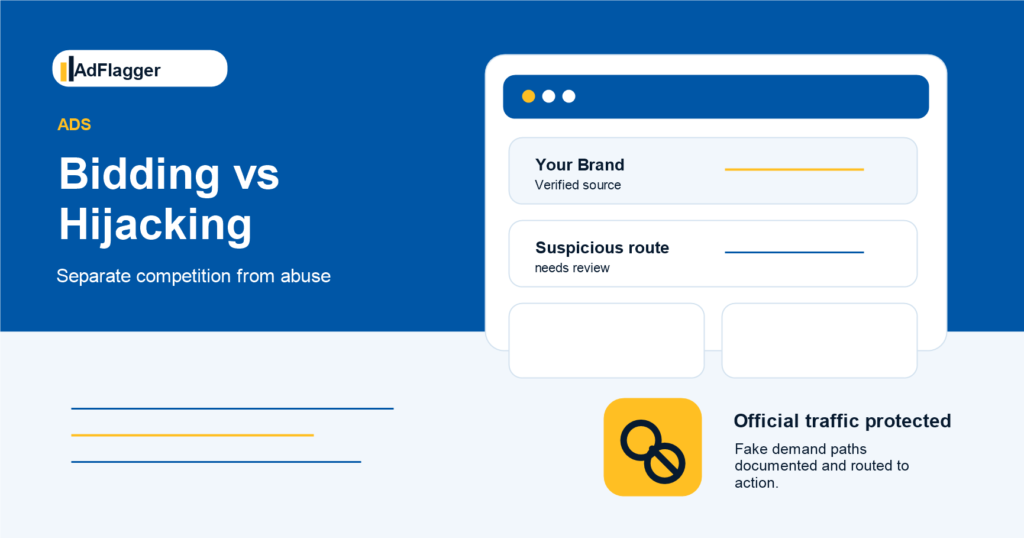 Competitor brand bidding versus ad hijacking comparison visual