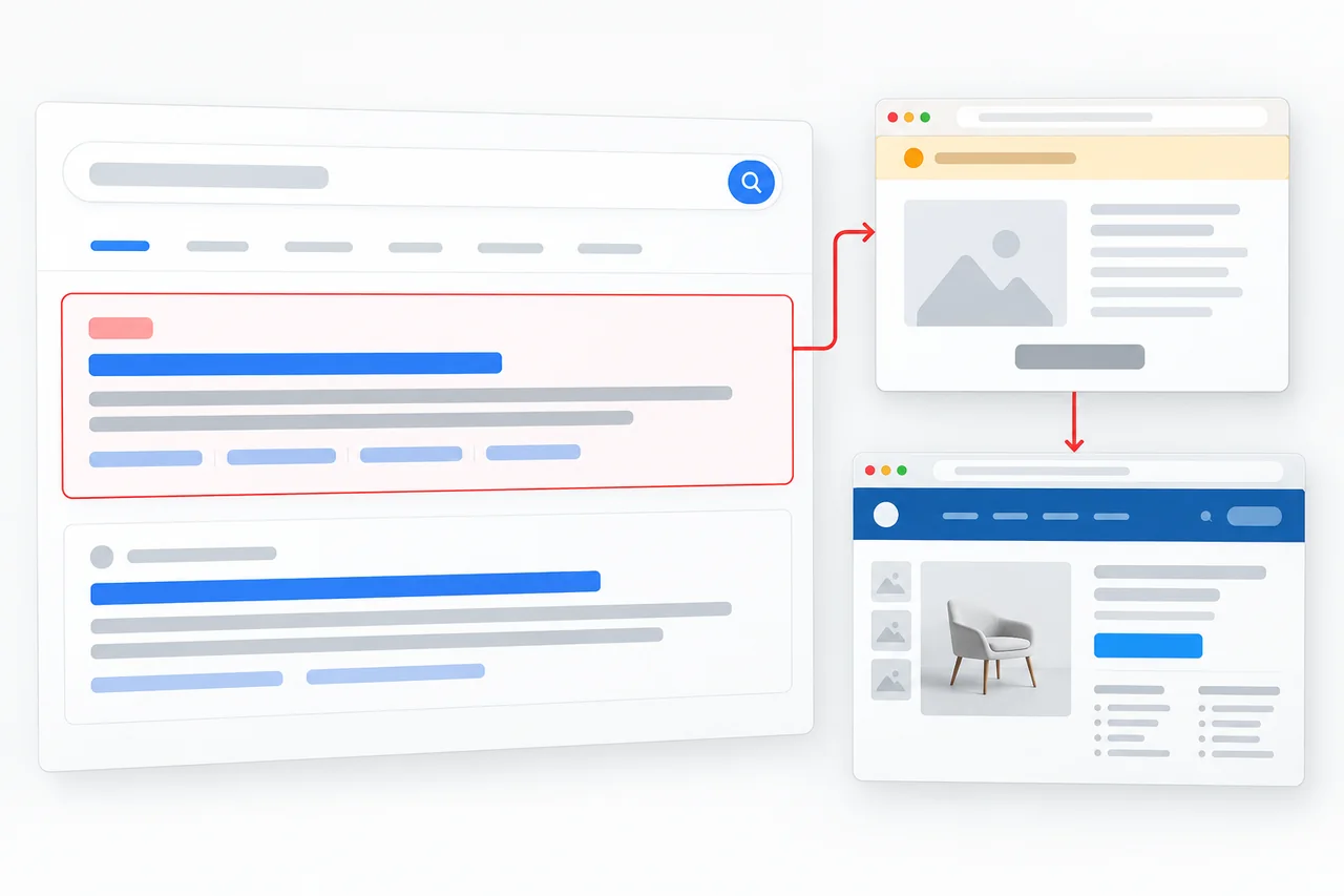 Illustrative search result leading through an intermediary page to a merchant website