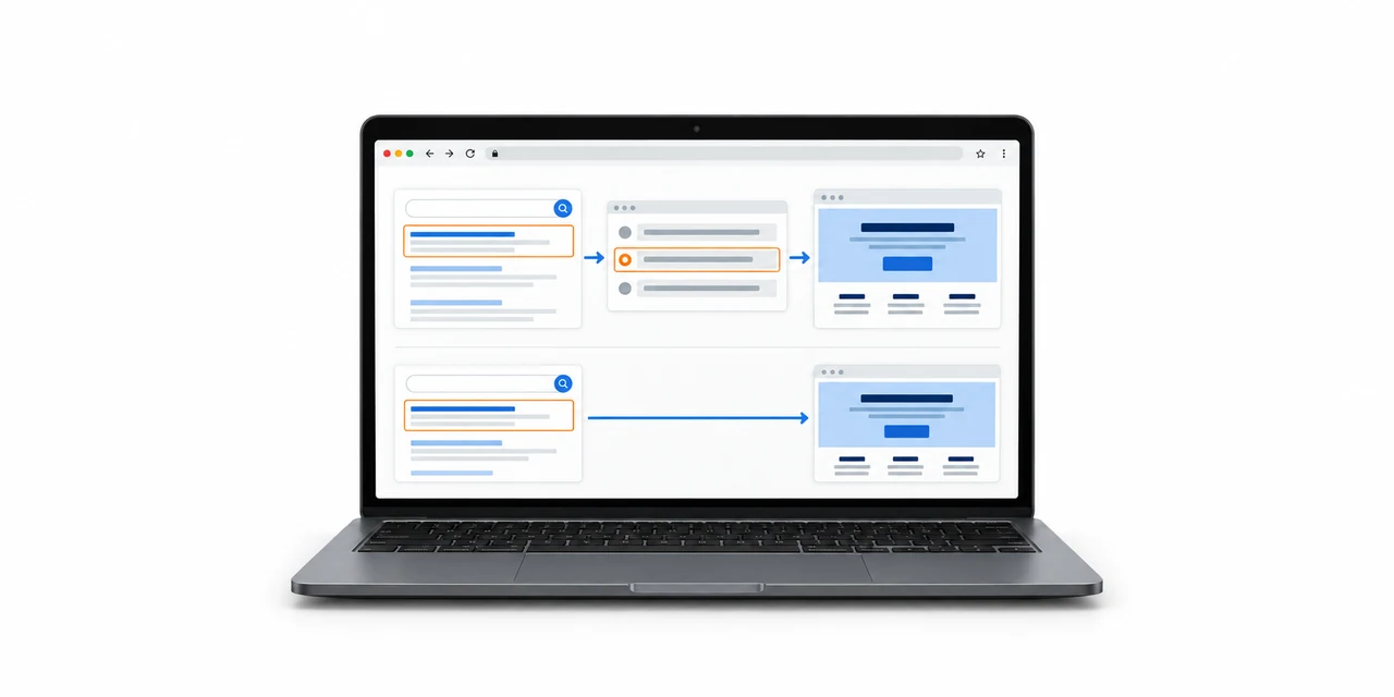 Laptop comparing a search visit through a selected partner tracking request with a direct visit to the same official website