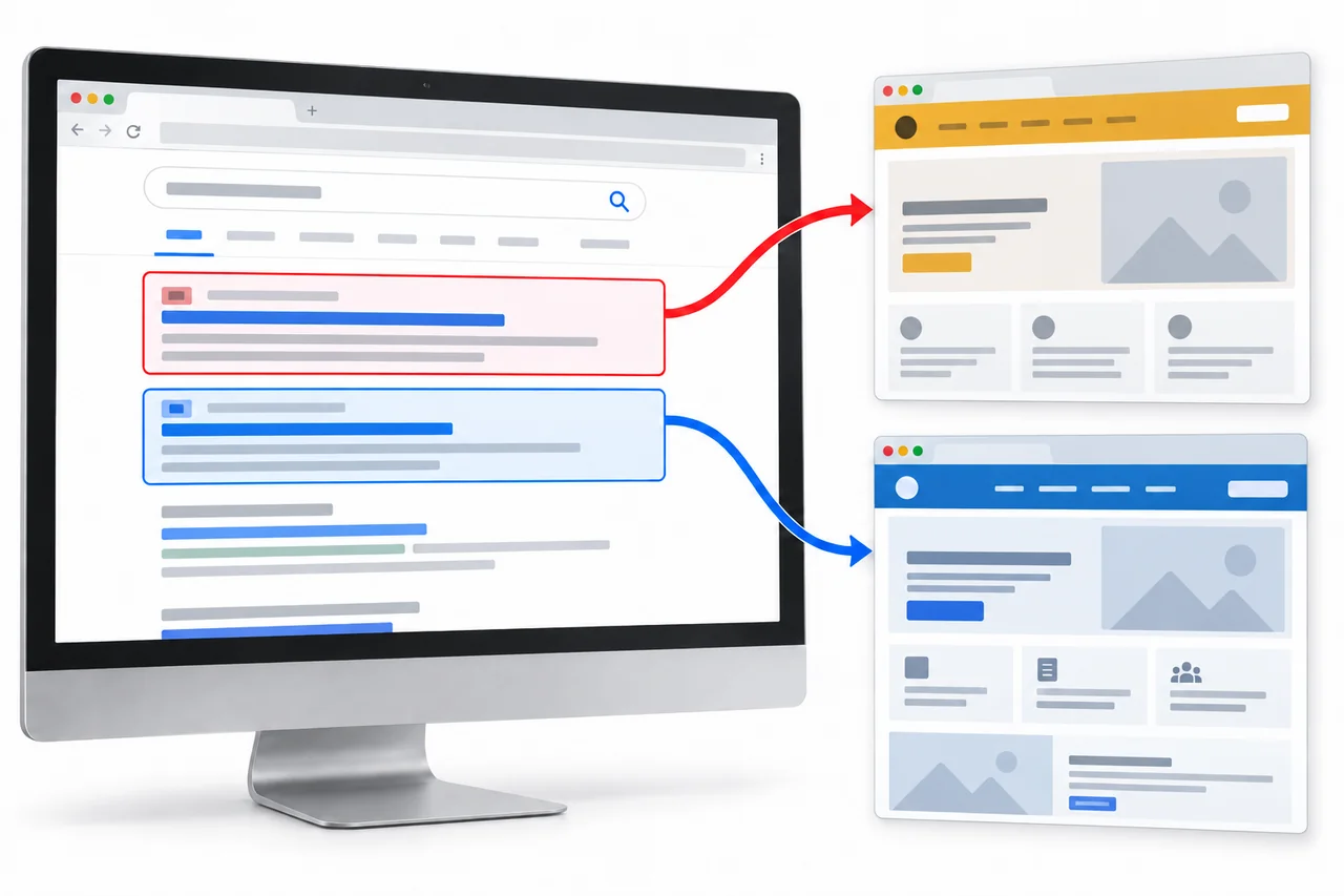 Illustrative desktop search showing a red route to a third-party page and a blue route to the official website