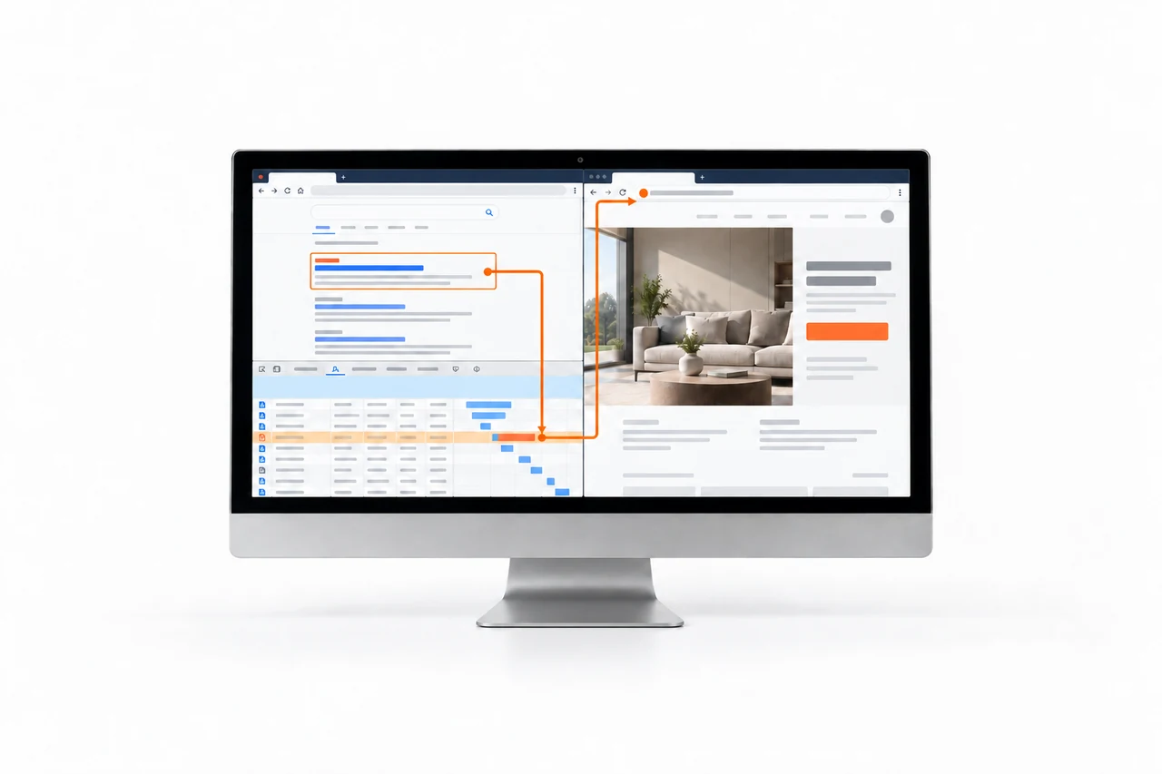 Desktop browser connecting a captured search ad through a selected network request to the final website address