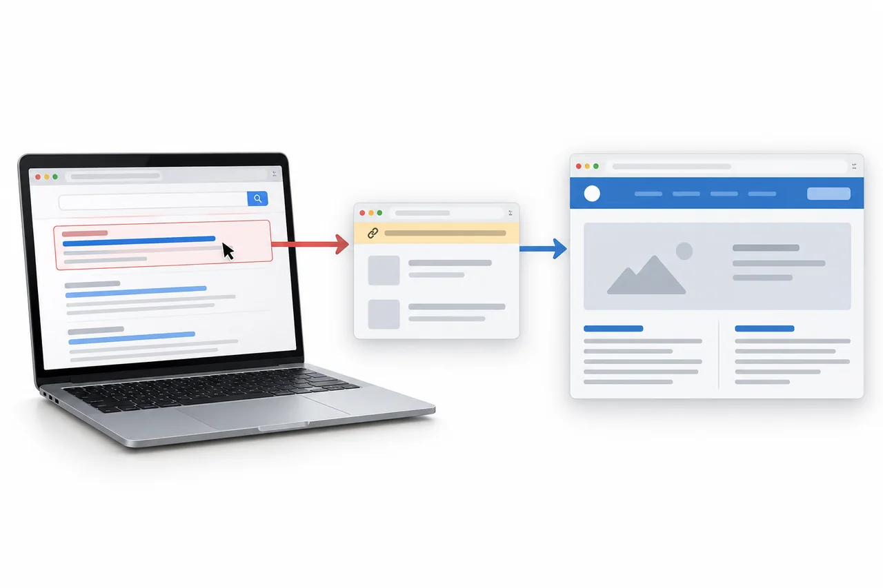 Illustrative laptop search ad leading through an affiliate-tracked intermediary to the official website
