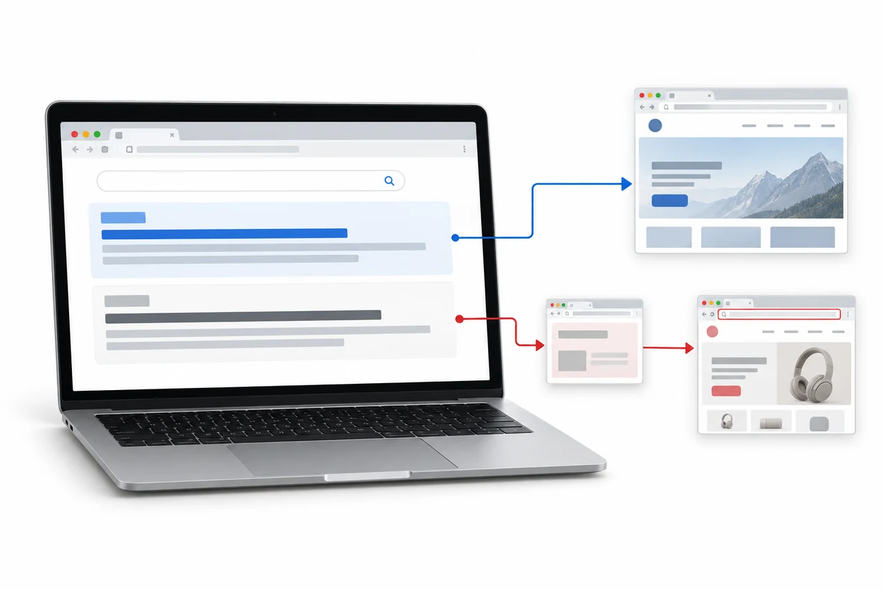 Laptop search results with a direct competitor route and a separate misleading route through an intermediary