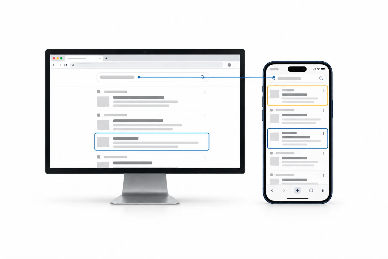 Desktop monitor and mobile browser comparing the same query with an additional selected ad on mobile