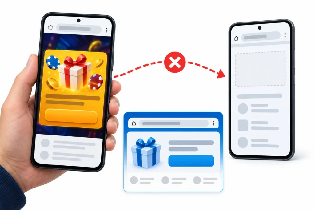 A promotion card on an Android phone routes to a destination where the advertised offer is absent