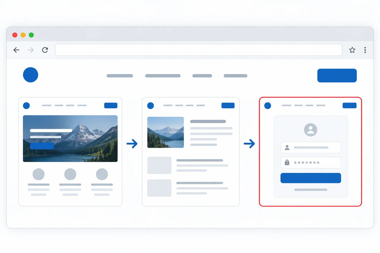 One imitation login page sits inside an otherwise ordinary multi-page website